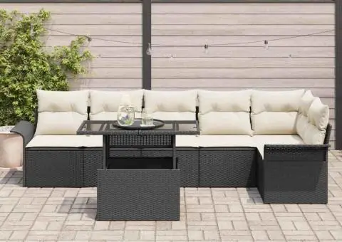 Set de canapea de grădină cu 7 piese cu perne negre din poliratan - 3/5