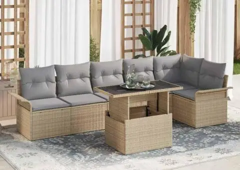 Set de Sofa de Grădină cu 7 Piese cu Perne Bej Ratan Poli - 1/5