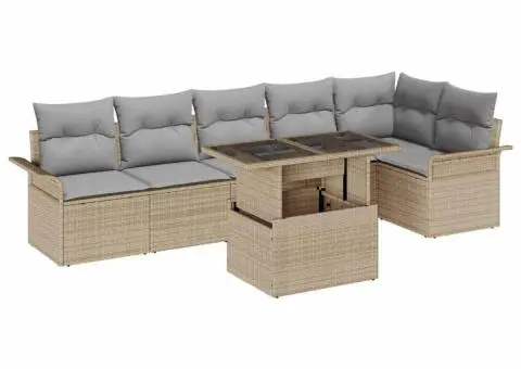 Set de Sofa de Grădină cu 7 Piese cu Perne Bej Ratan Poli - 2/5