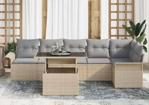 Set de Sofa de Grădină cu 7 Piese cu Perne Bej Ratan Poli - 3/5
