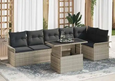 Set de 7 Piese Sofale pentru Grădină cu Perne Gri Deschis din Ratan Poli - 1/5