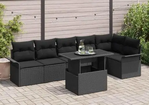 Set de canapea de grădină cu 7 piese cu perne, Negru, Ratan polimeric - 1/5