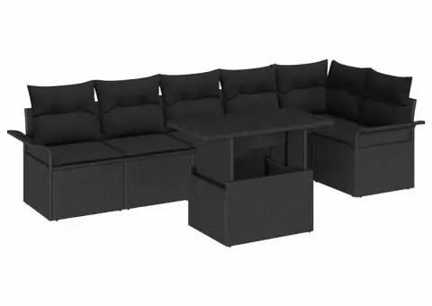 Set de canapea de grădină cu 7 piese cu perne, Negru, Ratan polimeric - 2/5