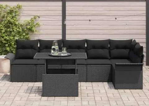 Set de canapea de grădină cu 7 piese cu perne, Negru, Ratan polimeric - 3/5
