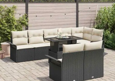 Set de canapea de grădină 9 piese cu perne Negru Poliratan - 3/5