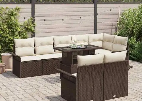 Set de 9 Piese pentru Grădină cu Pernă maro din Ratan Polimer - 3/5