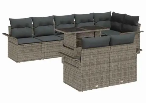 Set de canapele de grădină cu 9 piese și perne Gri din poliratan - 2/5