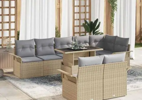 Set Canapea Grădină cu 9 Piese cu Perne Bej Ratan Polimeric - 1/5