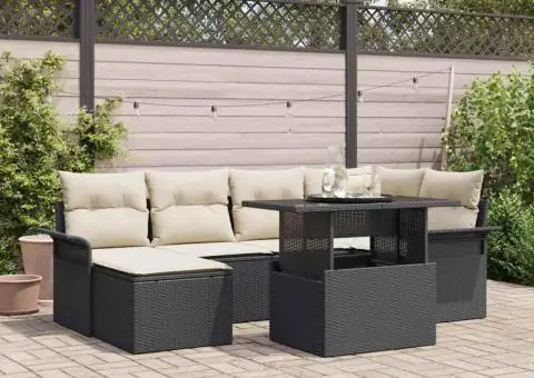 Set de canapea de grădină de 7 piese cu perne Negru Poliratan - 1/5