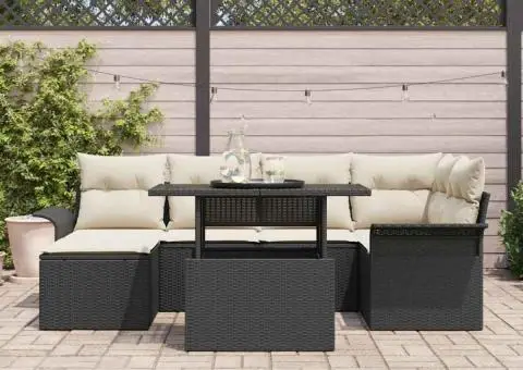 Set de canapea de grădină de 7 piese cu perne Negru Poliratan - 3/5