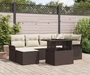 Set Canapea de Grădină de 7 Piese cu Perne Maro din Ratan Polimer
