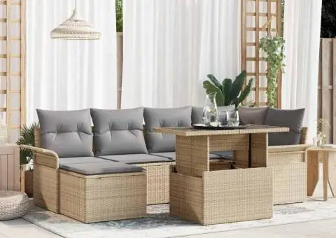 Set Canapea Grădină 7 Piese cu Perne Bej Ratan - 1/5