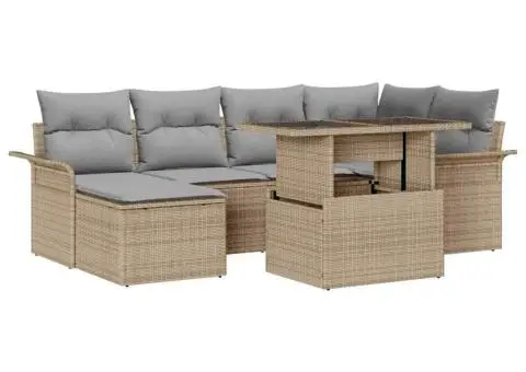 Set Canapea Grădină 7 Piese cu Perne Bej Ratan - 2/5