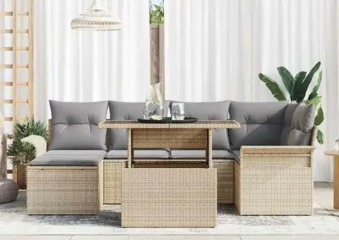 Set Canapea Grădină 7 Piese cu Perne Bej Ratan - 3/5