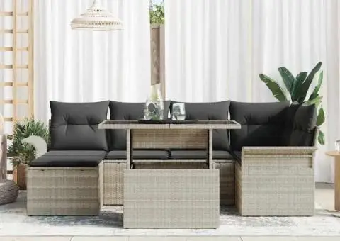 Set canapea 7 piese grădină cu perne gri deschis din ratan poli - 3/5