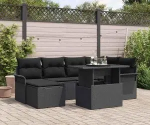 vidaXL Set de sofa de grădină cu perne Negru rattan poliester