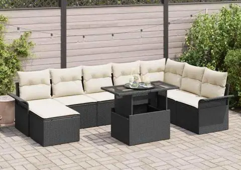 Set de canapele de grădină cu 9 piese, cu perne, Negru, Ratan Polimeric - 1/5