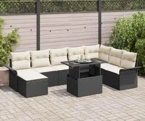 Set de canapele de grădină cu 9 piese, cu perne, Negru, Ratan Polimeric