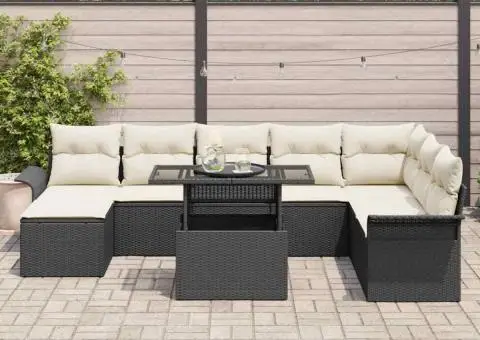 Set de canapele de grădină cu 9 piese, cu perne, Negru, Ratan Polimeric - 3/5