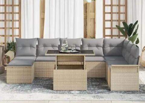 Set canapea pentru grădină cu perne Bej Poliratan - 3/5