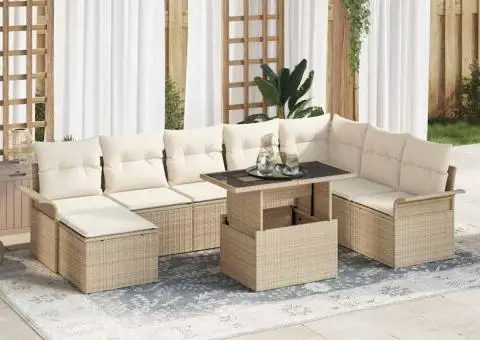 Set de 9 piese canapea pentru grădină cu perne Bej Poli Ratan - 1/5