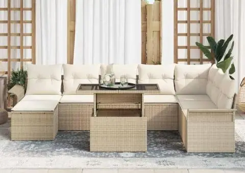 Set de 9 piese canapea pentru grădină cu perne Bej Poli Ratan - 3/5