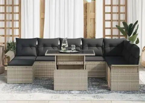 Set Canapea Grădină 9 Piese cu Perne Gri Deschis Poliratan - 3/5