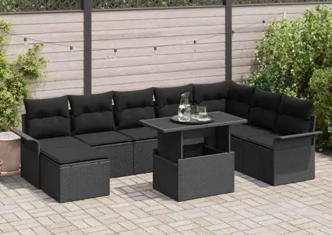 Set de canapea de grădină 9 piese cu perne negru poliratan - 1/5