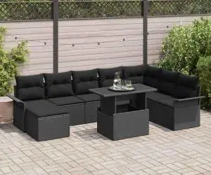 Set de canapea de grădină 9 piese cu perne negru poliratan