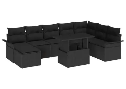 Set de canapea de grădină 9 piese cu perne negru poliratan - 2/5