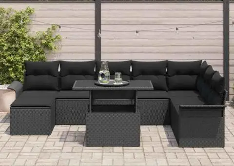 Set de canapea de grădină 9 piese cu perne negru poliratan - 3/5