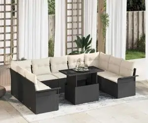 Set de canapea de grădină cu 10 piese și perne din rattan sintetic negru