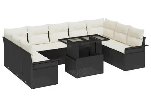 Set de canapea de grădină cu 10 piese și perne din rattan sintetic negru - 2/5