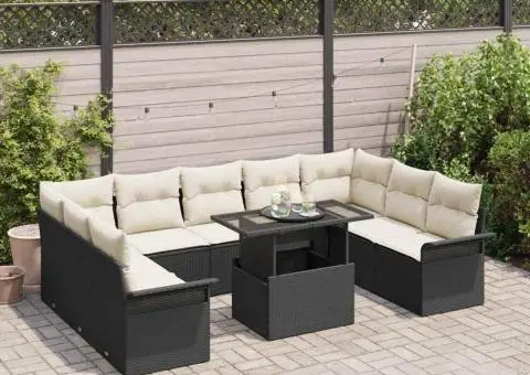 Set de canapea de grădină cu 10 piese și perne din rattan sintetic negru - 3/5