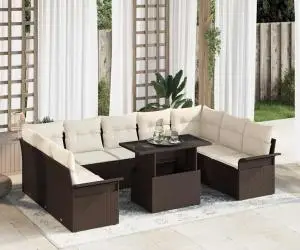 Set de Canape cu 10 Piese cu Perne Maro din Ratan Poli