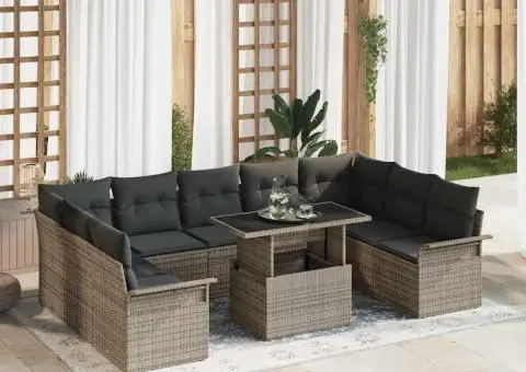 Set de canapea de grădină de 10 piese cu perne gri din poliratan - 1/5