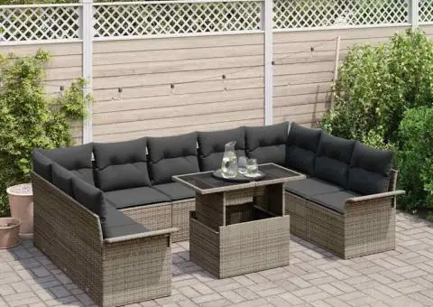 Set de canapea de grădină de 10 piese cu perne gri din poliratan - 3/5