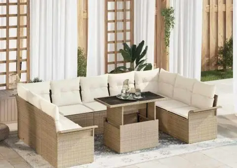 Set de Canapea de Grădină de 10 Piese cu Perne Bej din Ratan Poli - 1/5