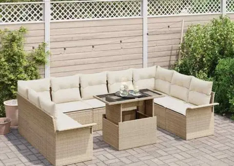 Set de Canapea de Grădină de 10 Piese cu Perne Bej din Ratan Poli - 3/5