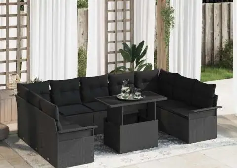 Set de 10 piese de canapea de grădină cu perne din poliratan negru - 1/5