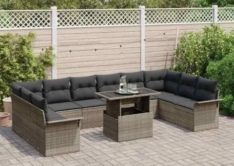 Set canapea de grădină , 11 piese, perne gri, din poliratan - 3/5