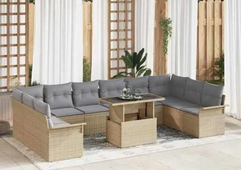 Set de grădină cu 11 piese, cu perne bej din ratan sintetic - 1/5