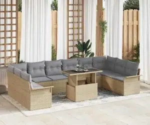vidaXL Set de grădină cu 11 piese, cu perne bej din ratan sintetic