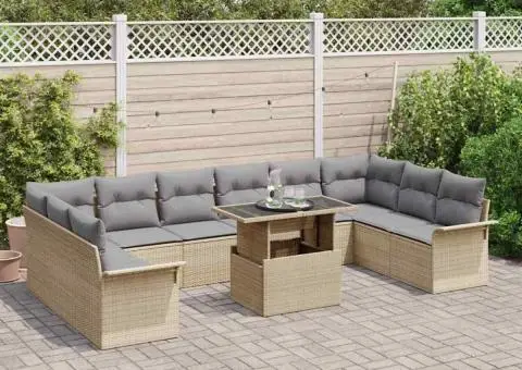 Set de grădină cu 11 piese, cu perne bej din ratan sintetic - 3/5