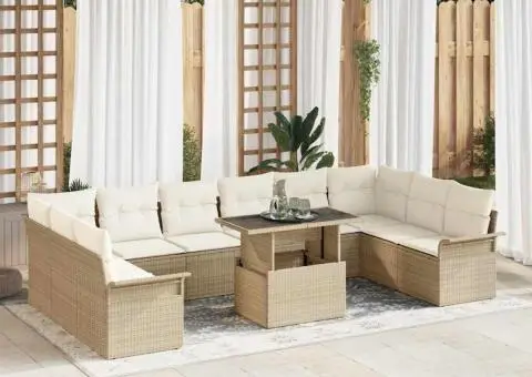 Set de canapea de grădină cu 11 piese cu perne, Bej, Poliratan - 1/5