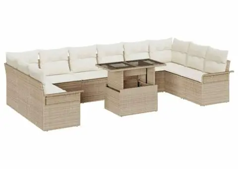 Set de canapea de grădină cu 11 piese cu perne, Bej, Poliratan - 2/5