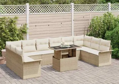 Set de canapea de grădină cu 11 piese cu perne, Bej, Poliratan - 3/5