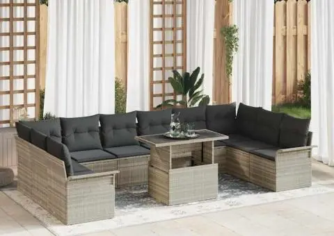 Set de canapea de grădină cu 11 piese, perne incluse, gri deschis, din poliratan - 1/5