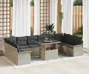 Set de canapea de grădină cu 11 piese, perne incluse, gri deschis, din poliratan