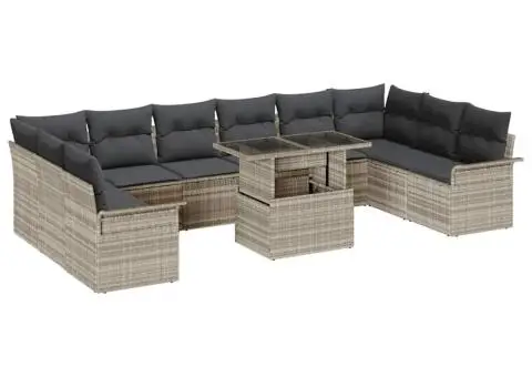 Set de canapea de grădină cu 11 piese, perne incluse, gri deschis, din poliratan - 2/5